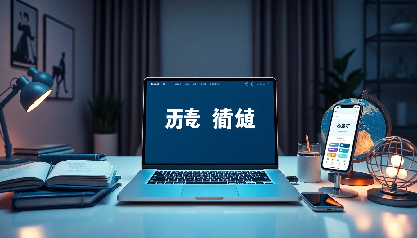 The interface of 有道翻译 on a sleek laptop in a modern workspace, with translation tools and a globe.