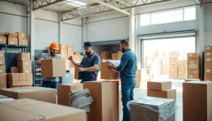 Packing and organizing items for provincial moving & storage by skilled professionals in a bright warehouse.