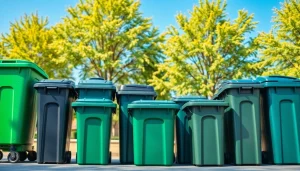 Efficient garbage removal bins arranged on a clean urban street, ideal for waste management.