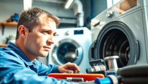 Expert performing washing machine repair in a bright workshop with tools visible.
