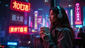 Image to prompt generation showcasing a woman in a city at night.