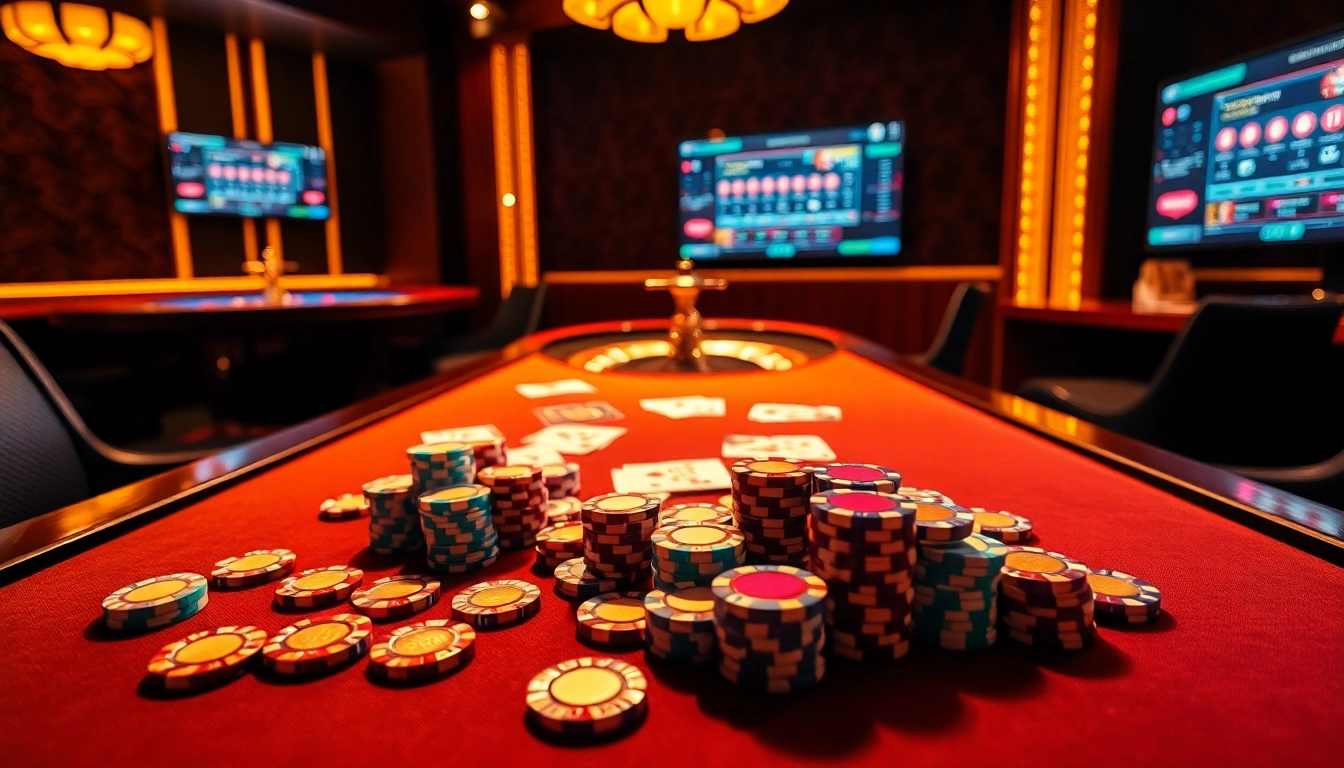 Pemandangan poker yang menarik dengan chip dan kartu yang berwarna-warni menekankan aksi situs poker di suasana kasino mewah.
