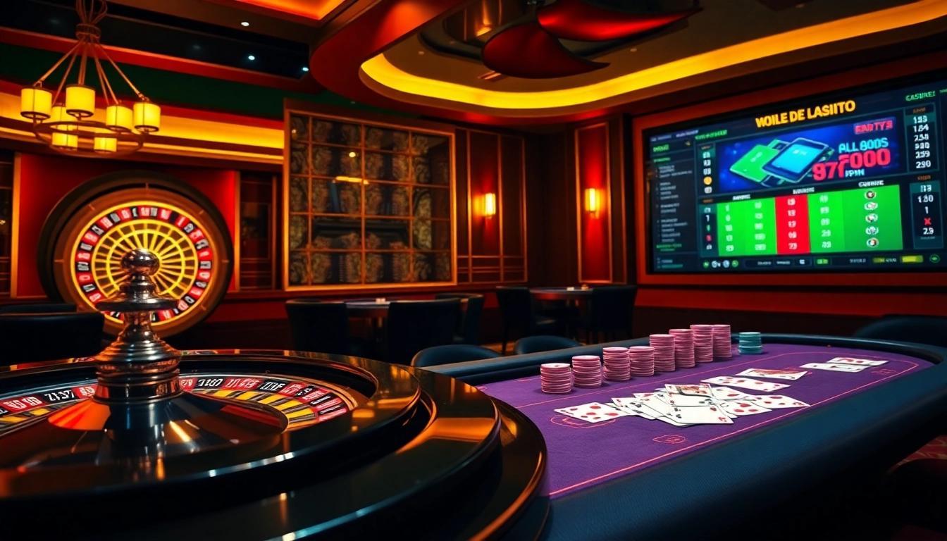 Découvrez l'excitation du casino en ligne avec des jetons de poker vibrants, une roue de roulette et des options de paris numériques.