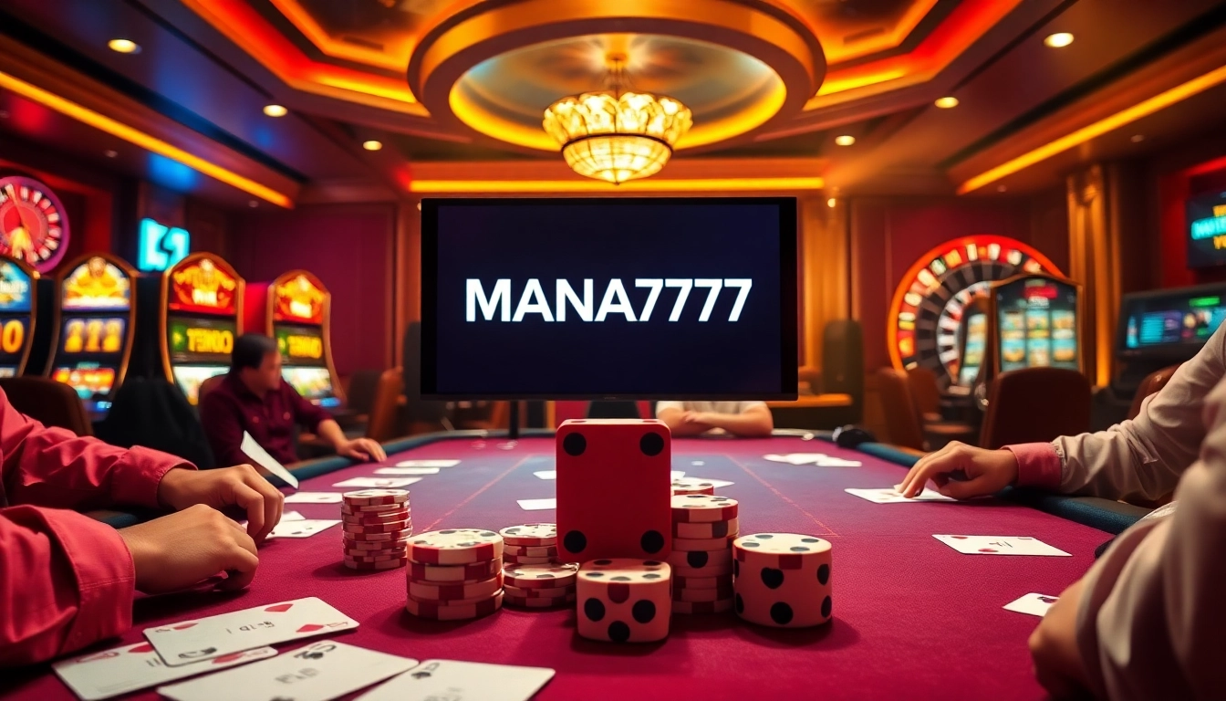 MANA777 players engaging in a thrilling poker game at a luxurious casino table with vibrant gaming elements.