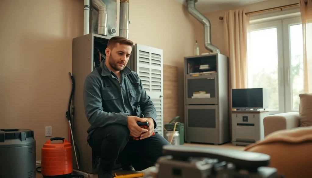 Expert fixing a furnace in a home, emphasizing furnace repair near me for reliable service.