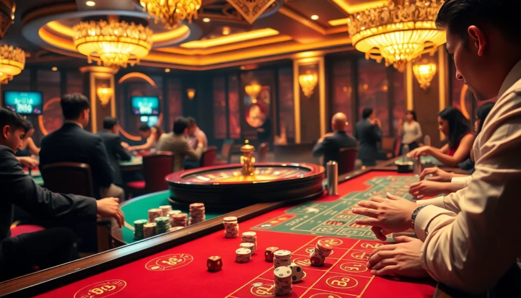 A vibrant casino scene featuring dynamic poker gameplay at nhà cái thabet with rich colors and engaging players.