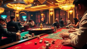 A vibrant casino scene featuring dynamic poker gameplay at nhà cái thabet with rich colors and engaging players.