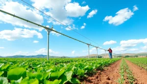Efficient land irrigation system with healthy crops and advanced watering techniques.