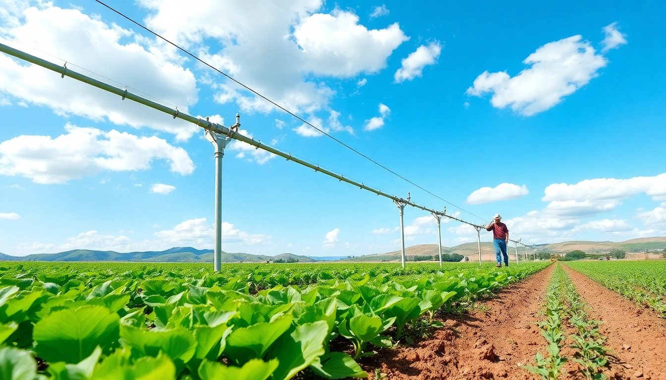 Efficient land irrigation system with healthy crops and advanced watering techniques.