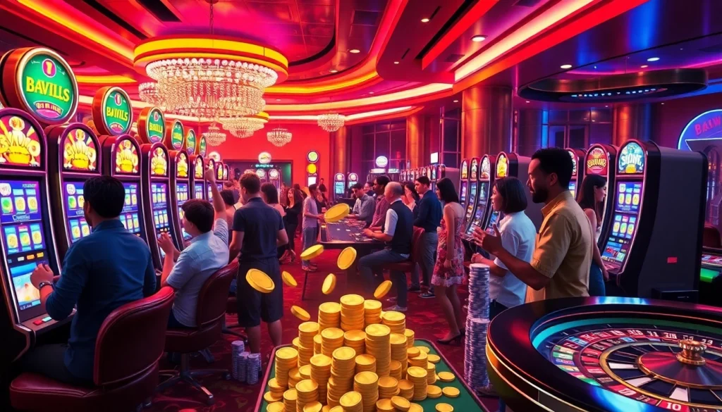 Players enjoying thrilling slot games at a luxurious casino, showcasing excitement and big wins.