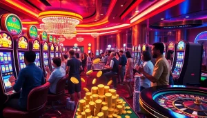 Players enjoying thrilling slot games at a luxurious casino, showcasing excitement and big wins.