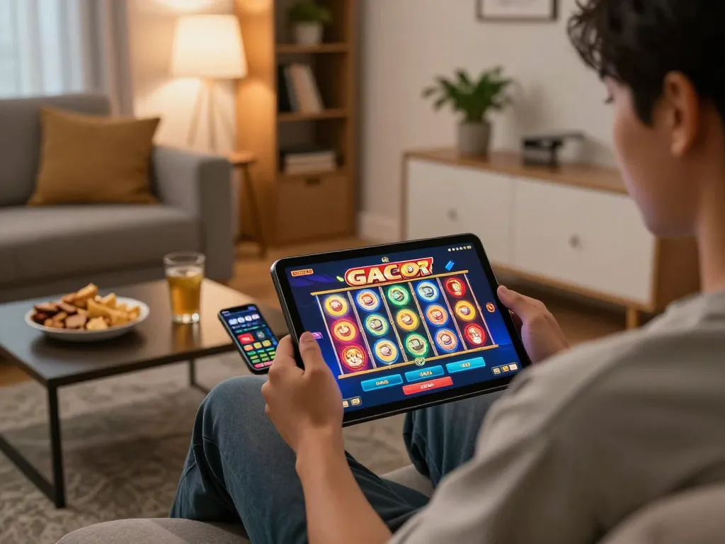 SLOT GACOR gameplay on a tablet in a cozy living room, showcasing immersive gaming experience.
