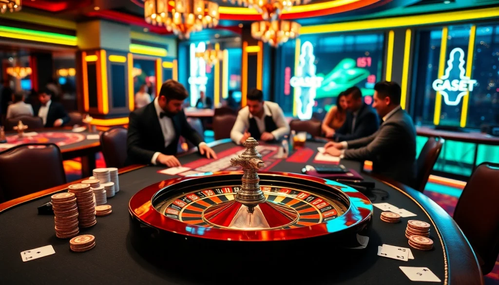 Players engaging in blackjack at QQ88 COM, surrounded by poker chips and a roulette wheel.