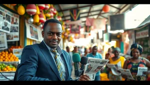 Capture vibrant Kenya News Today scene with a dynamic news reporter in a lively market.