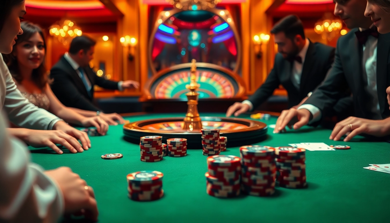 Players engaging with the EE 88 gaming table, surrounded by vibrant casino elements.