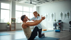 Engaging griesbach physiotherapy session showing a therapist guiding a patient through physical exercises.