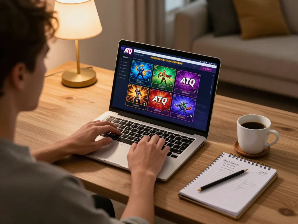 Player engaging in online casino gaming at https://www.atqvn.com/, showcasing vibrant interface and cozy home setup.