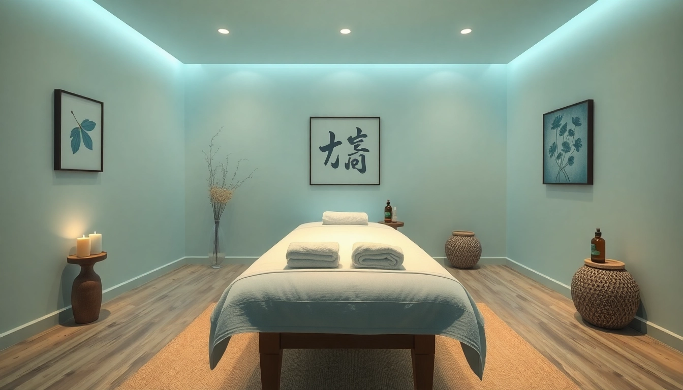 편안한 분위기와 이완을 위한 진정 요소가 있는 마사지 치료실.