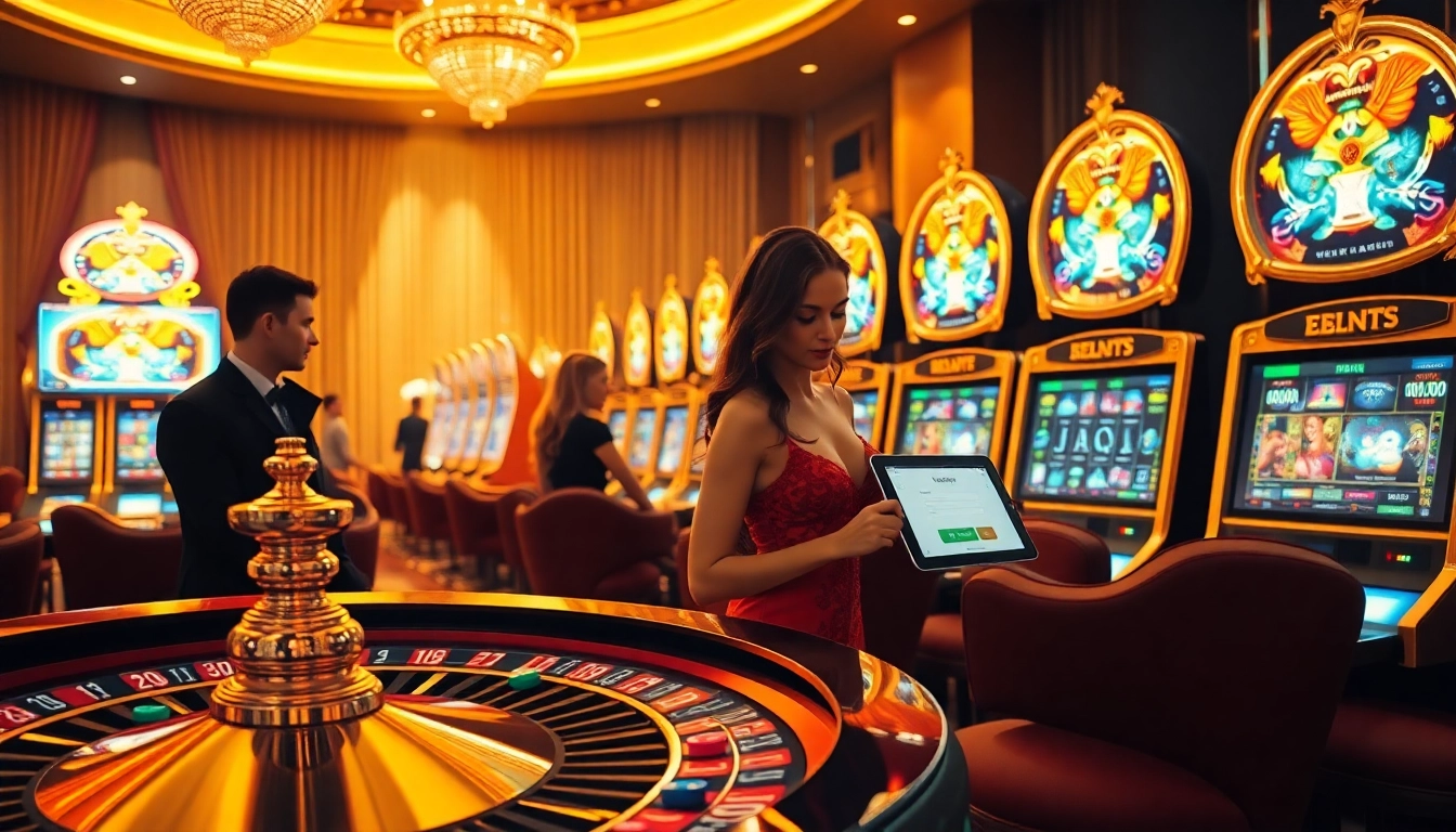 Players logging into new77 for exciting slot action in a vibrant casino atmosphere.