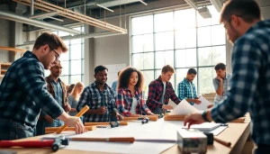 Engaged participants in construction classes learning hands-on skills in a bright workshop.
