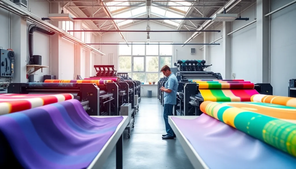 Bekijk bedrukte stoffen kopen in een modern atelier met kleurrijke stalen en een deskundige technicus aan het werk.