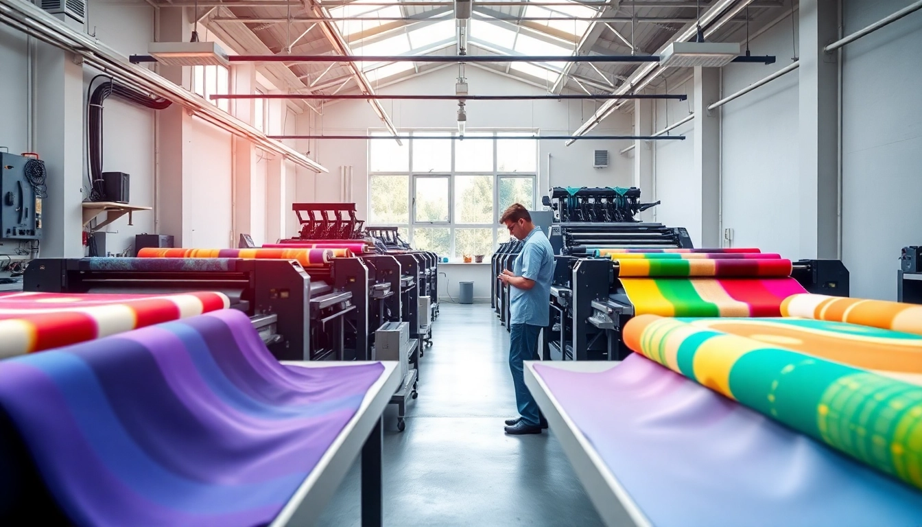 Bekijk bedrukte stoffen kopen in een modern atelier met kleurrijke stalen en een deskundige technicus aan het werk.
