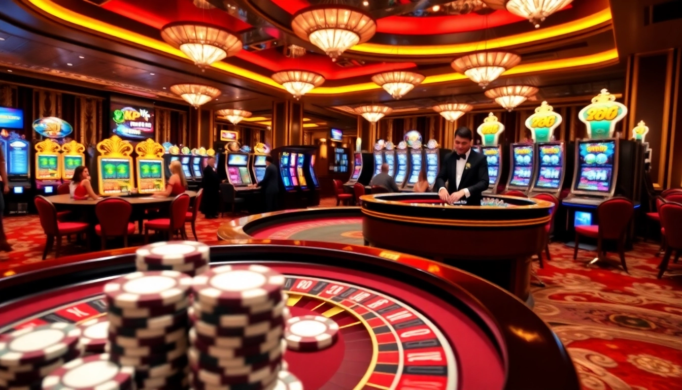 Engaging scene of a lively casino showcasing kp 88 gaming activities and vibrant poker tables.