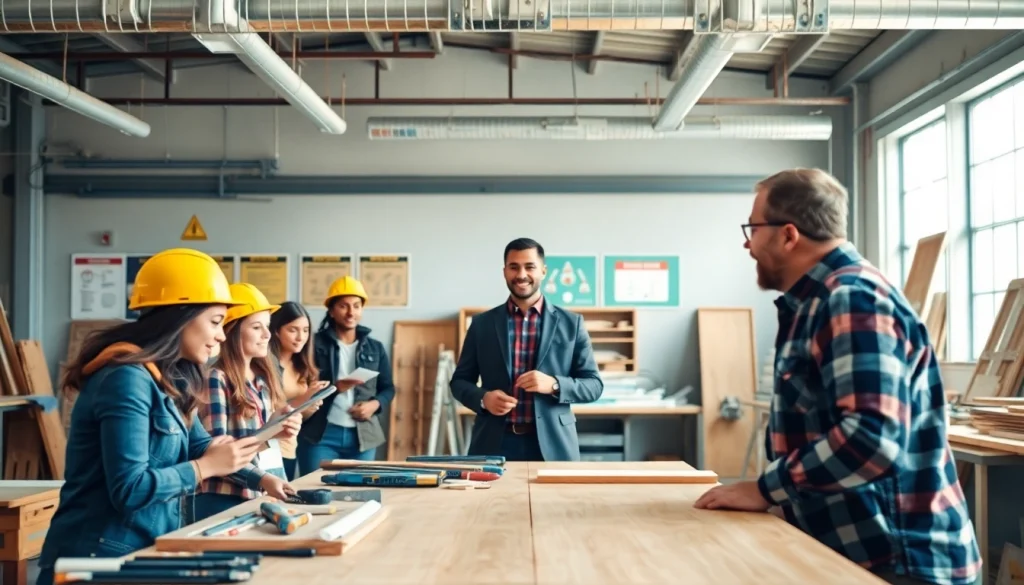 Engaged students in construction classes learning hands-on skills with tools and materials.