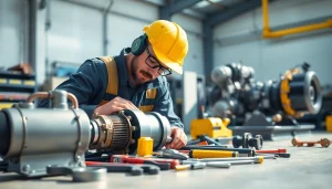 Technician providing mobile hydraulic services while repairing machinery in a well-equipped workshop.