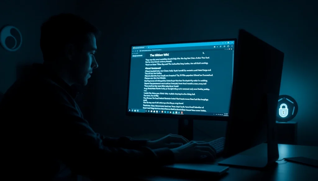 The hidden wiki 1 showcased in a dark web browsing scenario, highlighting digital secrecy and caution.