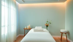 차분한 분위기와 자연 요소가 있는 마사지 요법실.