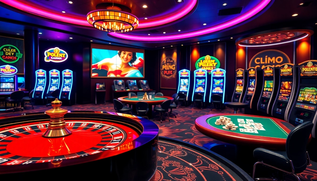 Expérience passionnante de casino en ligne mettant en avant des tables de poker, des roues de roulette et des machines à sous vibrantes.