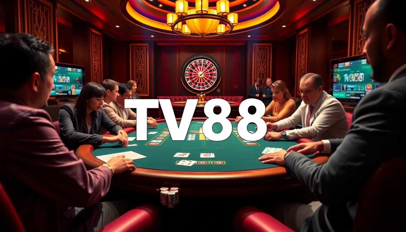 Experience high-stakes gambling action at TV88 casino with vibrant poker tables and excited players.