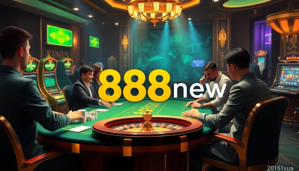 Experience 888new's vibrant online casino atmosphere with engaging gameplay on poker tables and colorful slots.
