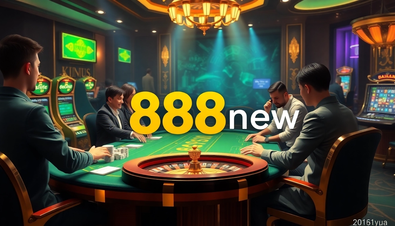 Experience 888new's vibrant online casino atmosphere with engaging gameplay on poker tables and colorful slots.
