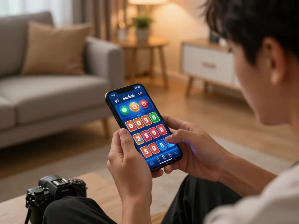 Engaged player exploring สล็อตวอเลท options on smartphone in cozy home setting.