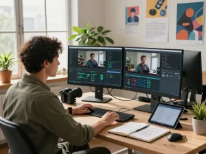 Video to prompt analysis in a tech workspace highlighting AI tools and collaboration.