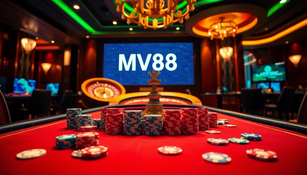 Casino excitement with MV88 theme featuring poker and roulette elements.