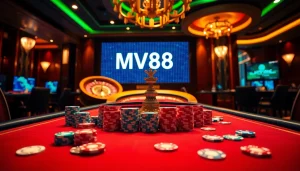 Casino excitement with MV88 theme featuring poker and roulette elements.