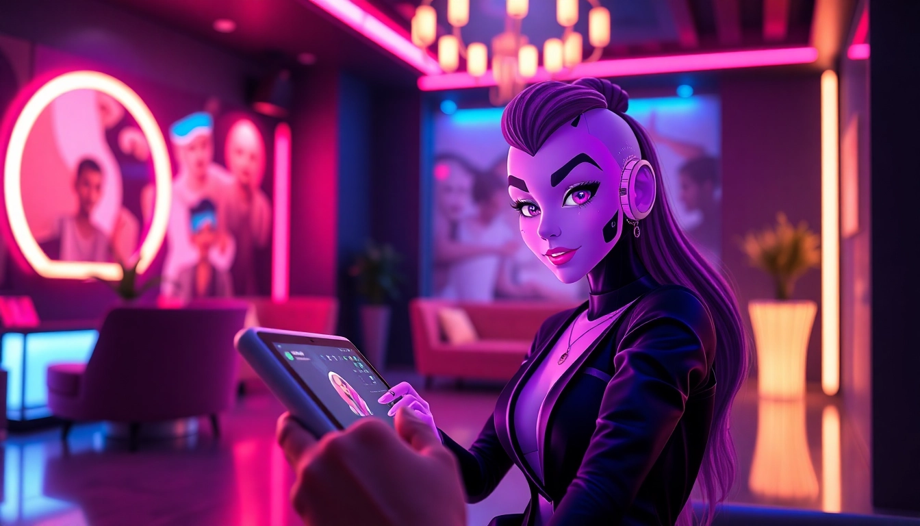 Engaging with an NSFW AI character in a vibrant digital lounge setting, highlighting modern technology.