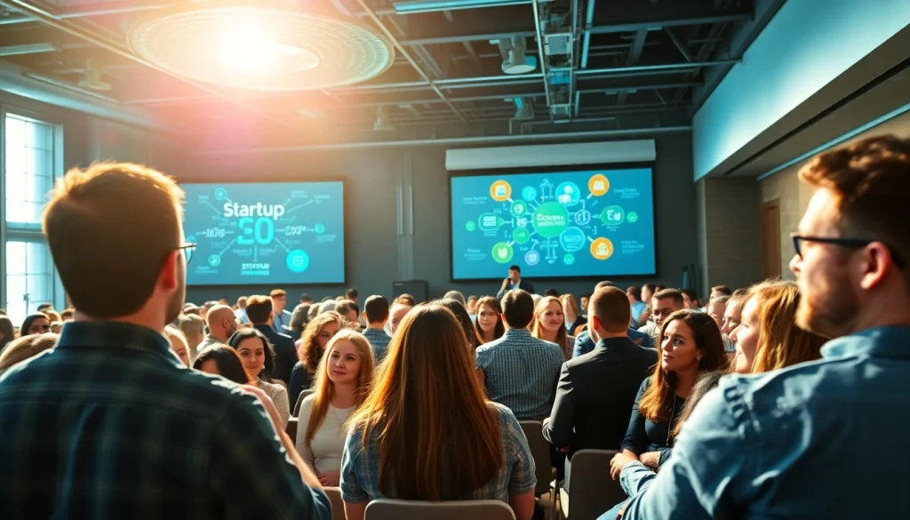 Dynamic interactions at a startup innovation conference featuring speakers and audience engagement.
