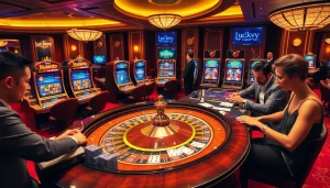 Players engaged in strategic gameplay at https://luckywin.fan/ with an elegant roulette table and vibrant slot machines.