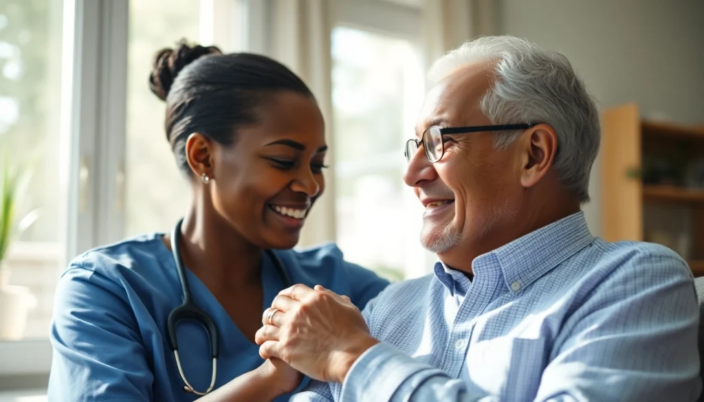 Providing in home health care services near me, caregiver engages warmly with a senior in a cozy setting.