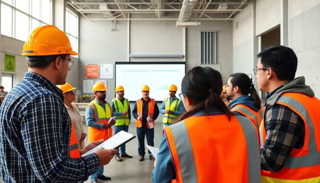 Conducting construction safety training with a diverse group, highlighting engagement and teamwork.