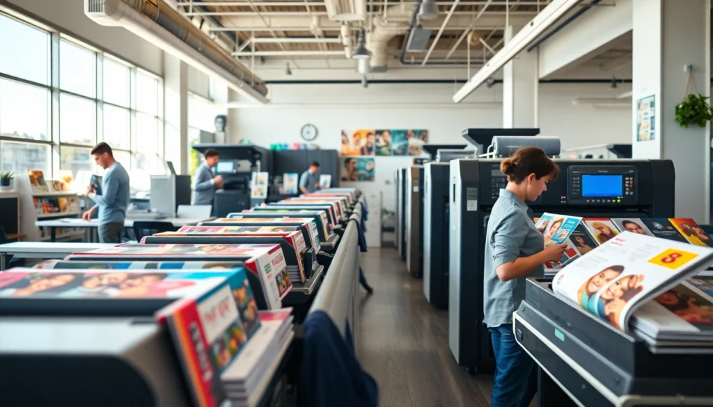 Showcase of budget printing Edmonton highlighting vibrant printed materials and an active printing environment.