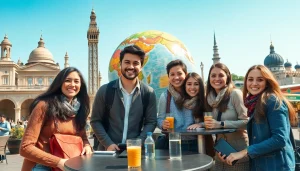 Embark on round the world holidays with travelers enjoying iconic landmarks and vibrant settings.