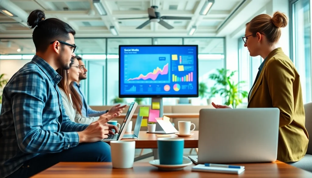 Boost your edmonton social media marketing with a collaborative team brainstorming strategies in a modern workspace.