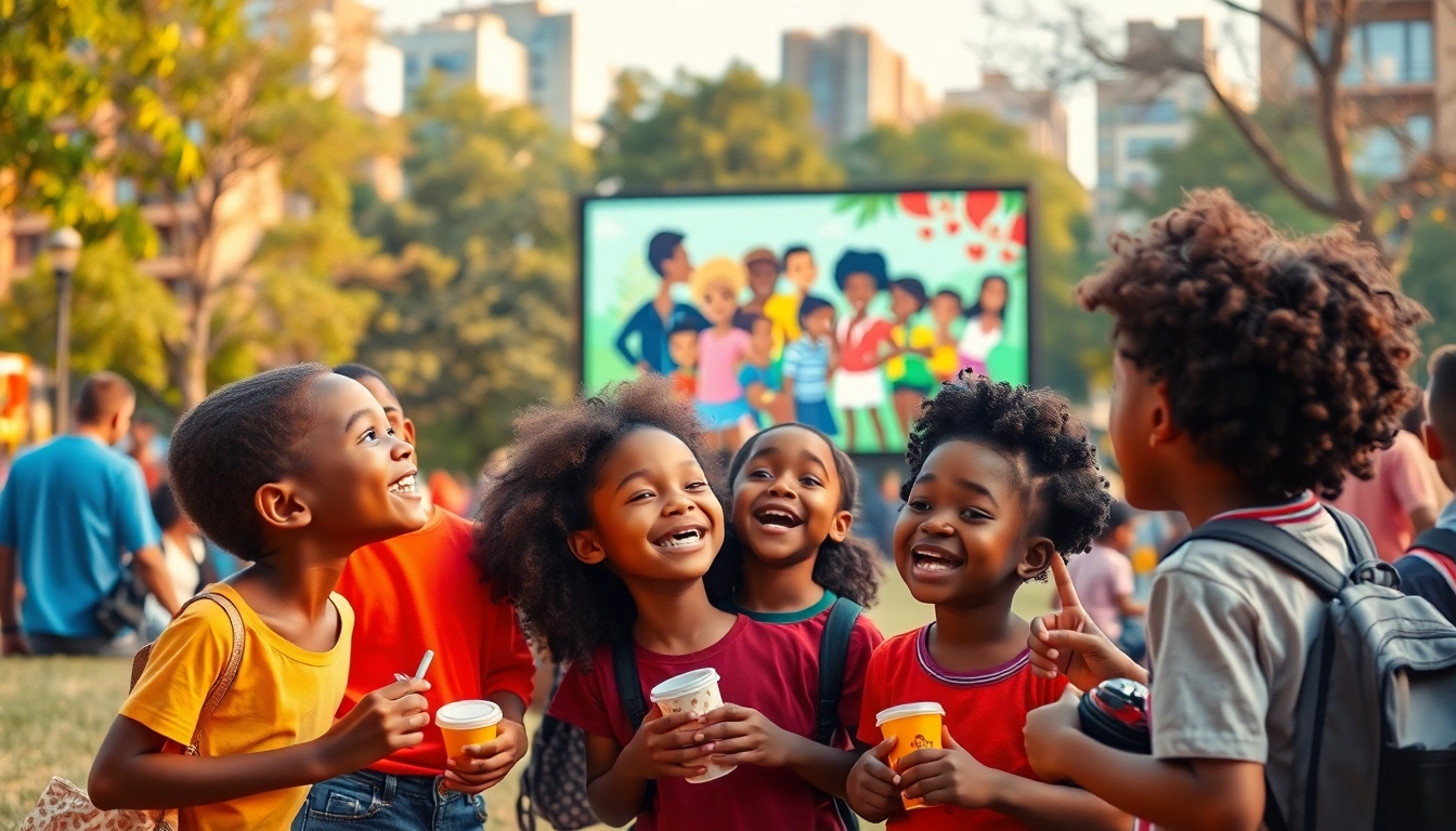 A lively park scene showcasing children enjoying iconic African American cartoons projected on a screen, celebrating diversity.