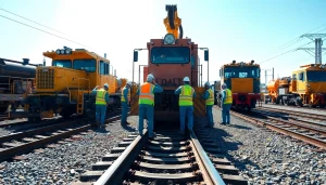 Workers performing Emergengy Railroad Repair with heavy machinery on site.