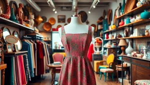 Shop inside a vibrant thrift store featuring vintage clothing and unique decor items.